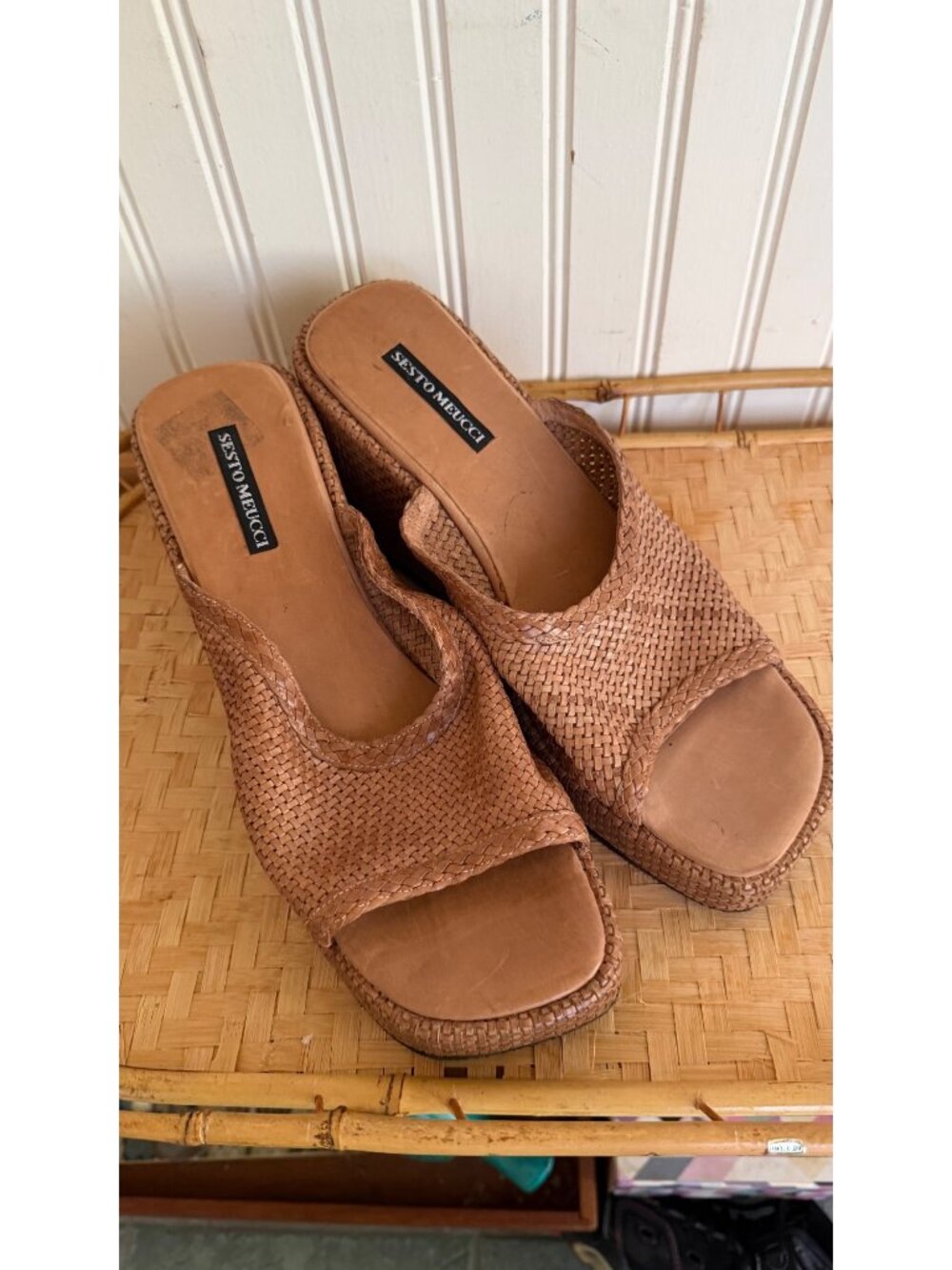 Sesto Meucci Womens Woven Tan Leather Open-Toe Wedge Sandals Size 10